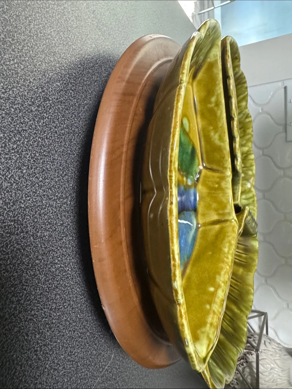 Olive Green Glazed Ceramic Sectioned Serving Tray with lazy Susan